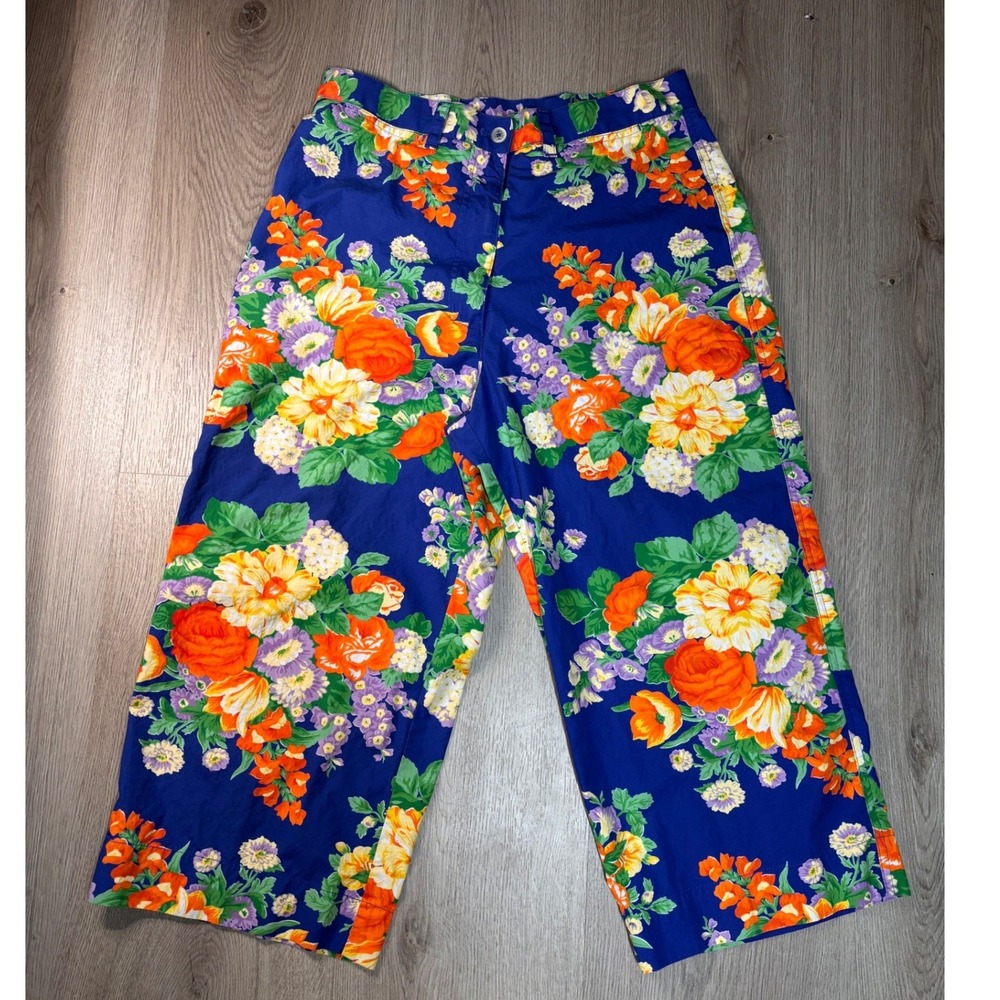 Lauren Ralph Lauren Pants Womens 10 Blue Orange Yellow Floral Wide Leg Crop